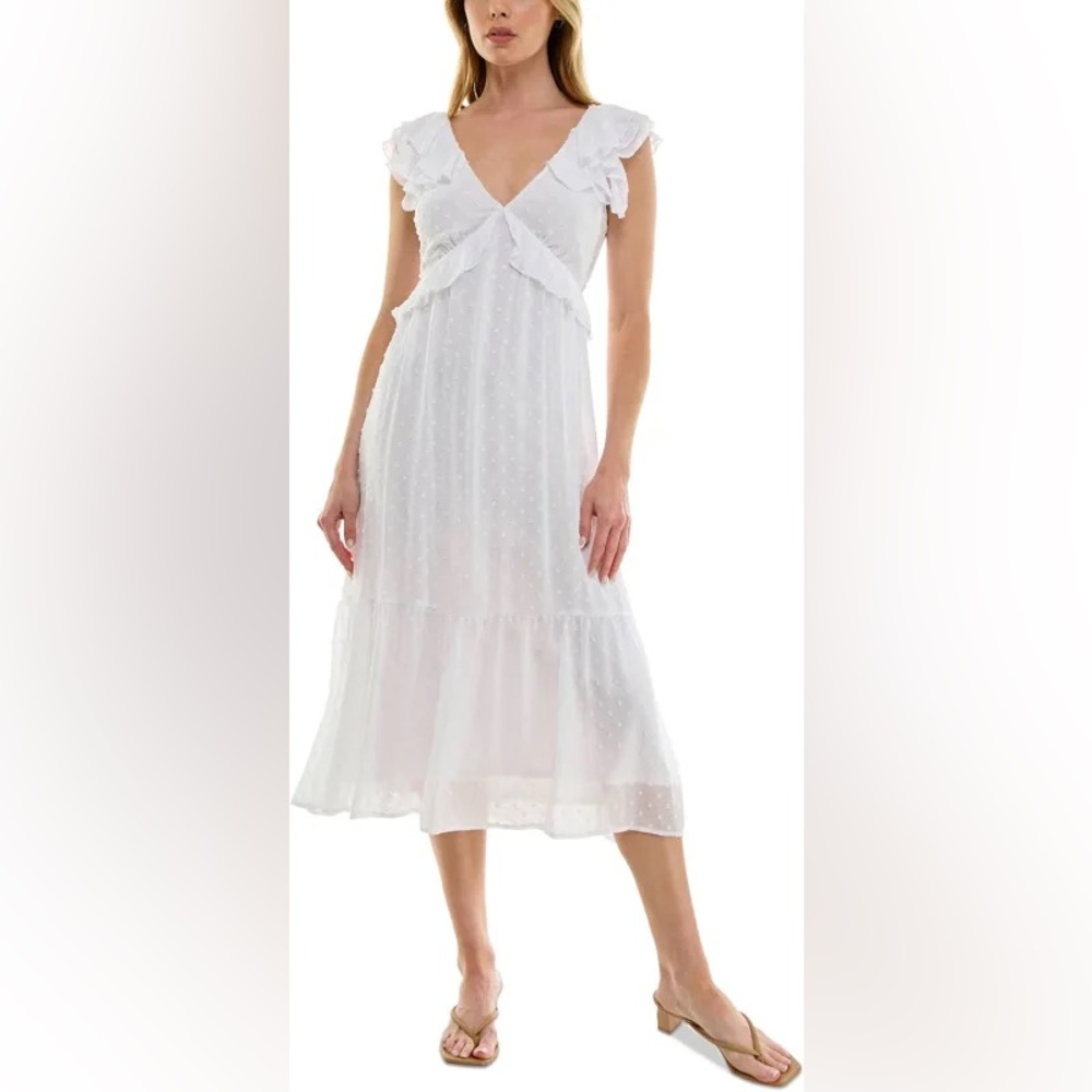 White Clip-Dot Flutter-Sleeve Midi Dress